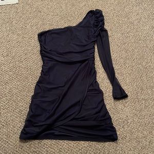 Lucy in the sky navy blue dress. Sheer one sleeve. Form fitting